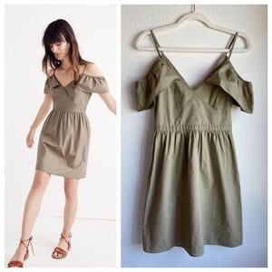 Madewell Khaki Tan Cold-Shoulder V-Neck V-Back Ruffle Wrap Style Dress Size 00